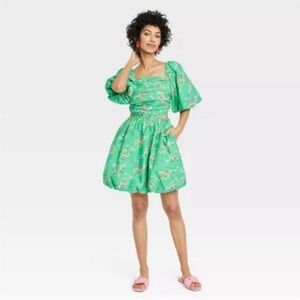 Women's Puff Short Sleeve Cut Out Bubble A-Line Dress - A New Day Green Floral S